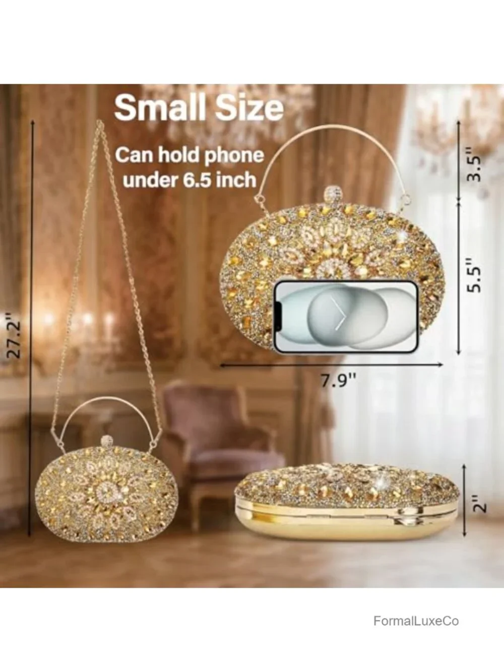 Rhinestone Evening Clutch Purse with Detachable Chain, Sparkling Glitter Wrist
